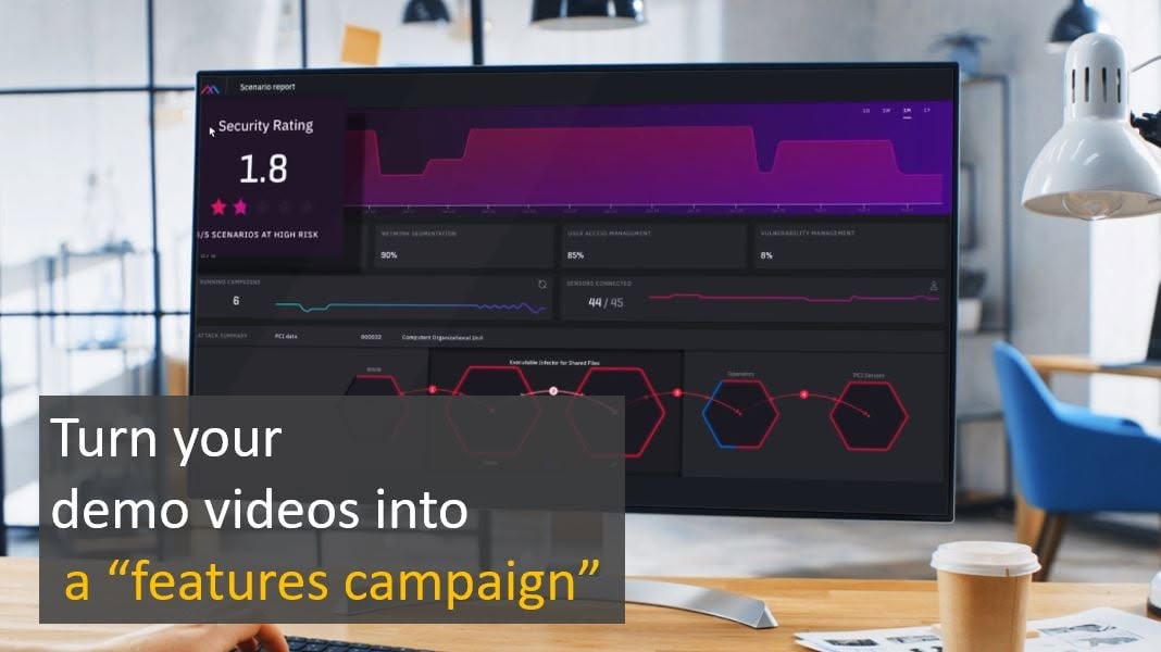 B2B product video frame showing a security dashboard